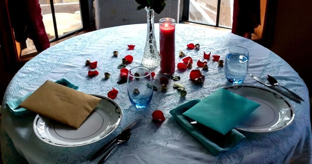 romantic valentines dinner at home date night setup with candles