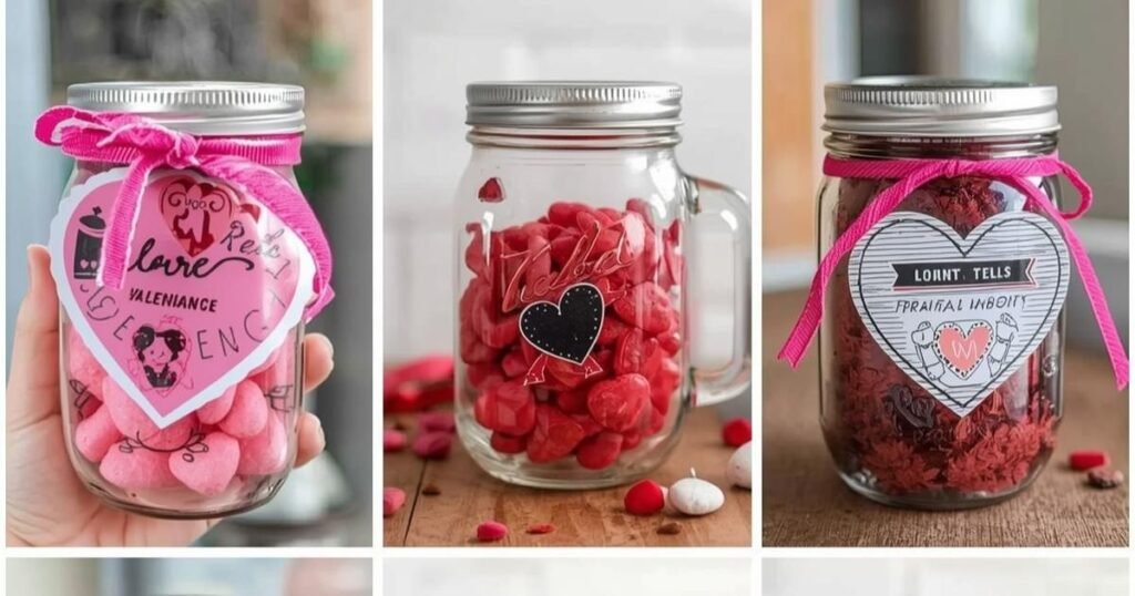 Mason Jar Filled With Heards Candy For Valentine