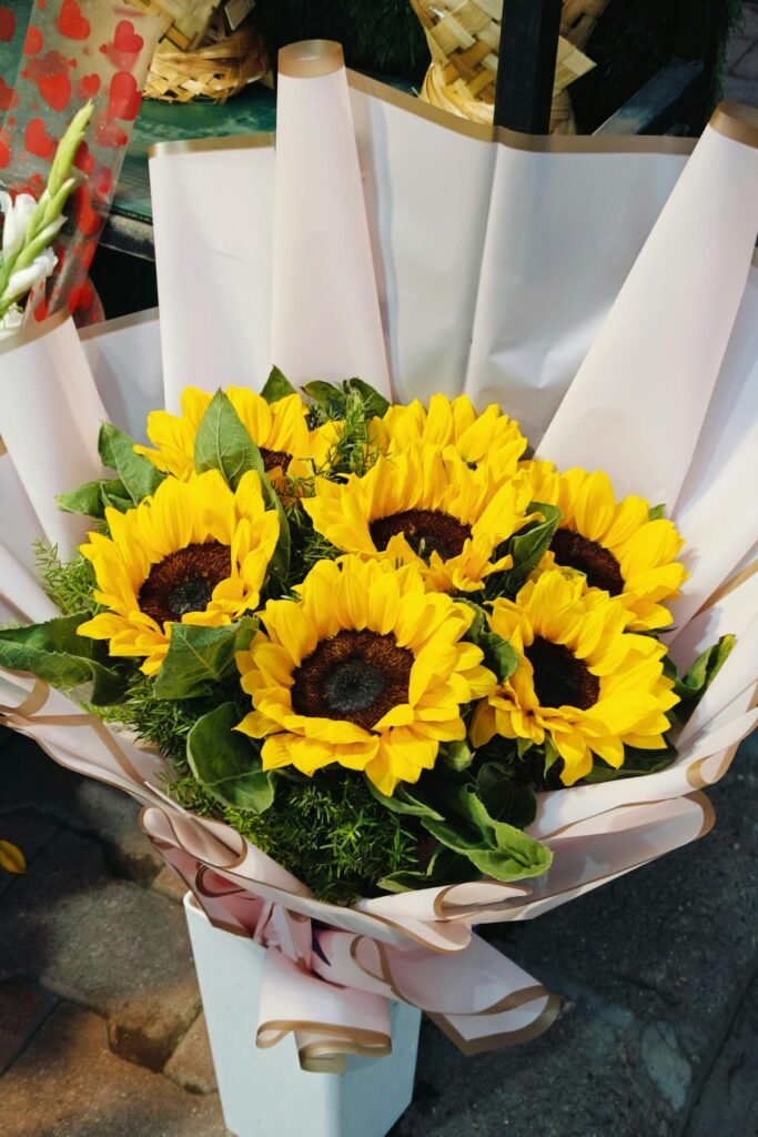 Bright yellow sunflowers Valentine's Day arrangement