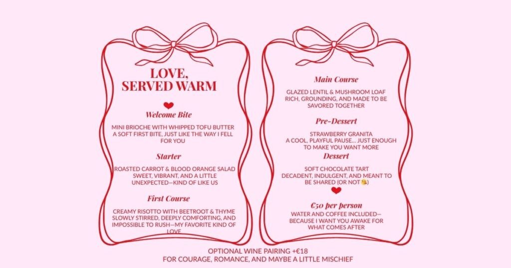 Valentine’s Day menu for a husband featuring a playful romantic layout, cozy colors, and a plant-based dinner made for a special night in