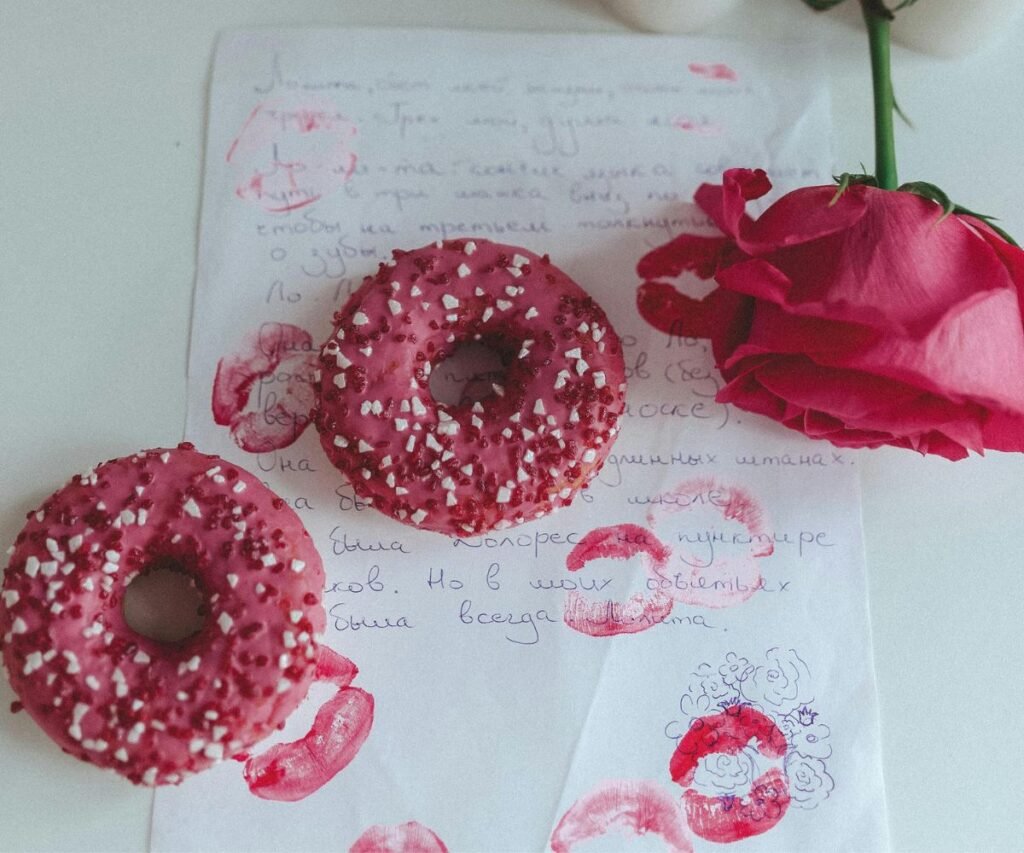 Pink frosted donuts with sprinkles on handwritten love letter beside red roses and candle